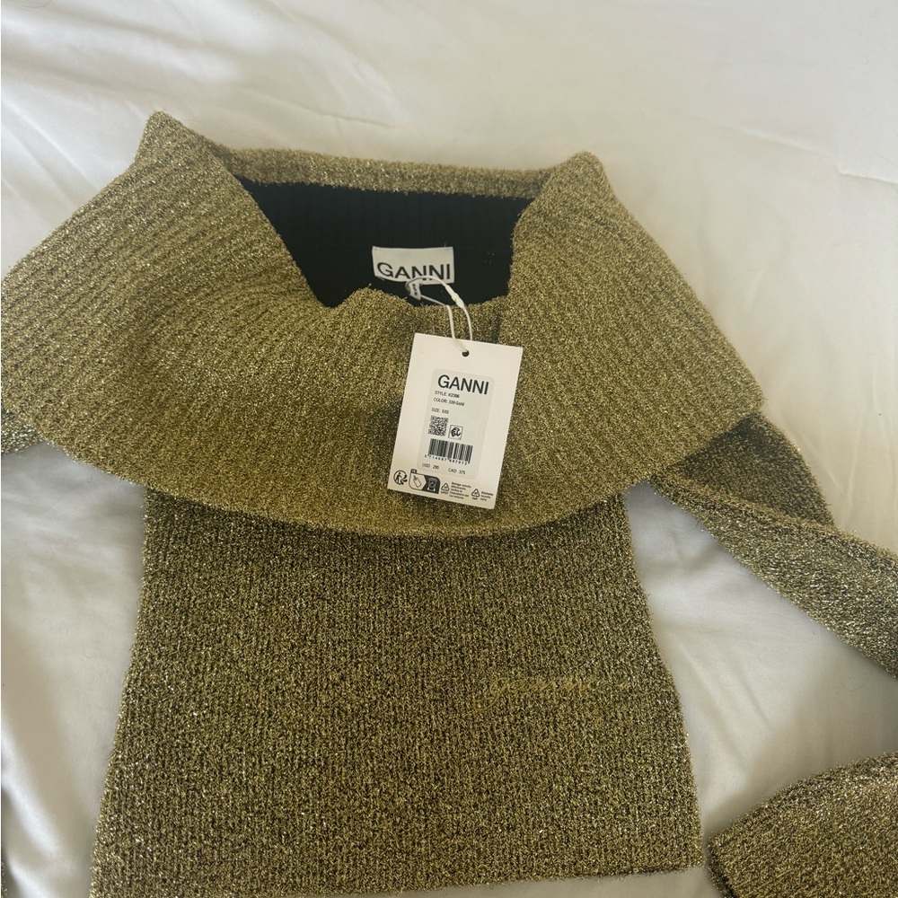 Ganni Off shoulder top in glittery gold